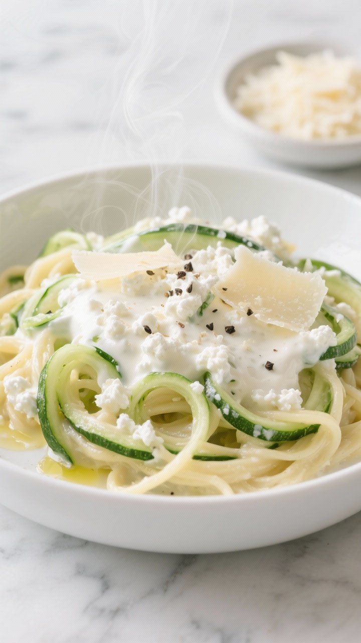 Close-up of Creamy Cottage Cheese Alfredo with zoodles: silky sauce made from low-fat cottage cheese, unsweetened almond milk, grated Parmesan, optional nutritional yeast, and minced garlic coating vibrant green zucchini noodles. Parmesan shavings and cracked black pepper on top, tiny drizzle of olive oil sheen. Shallow depth of field to emphasize velvety texture, steam rising, served in a white bowl on a light marble surface; a small dish showing the cottage cheese and Parmesan in the background.