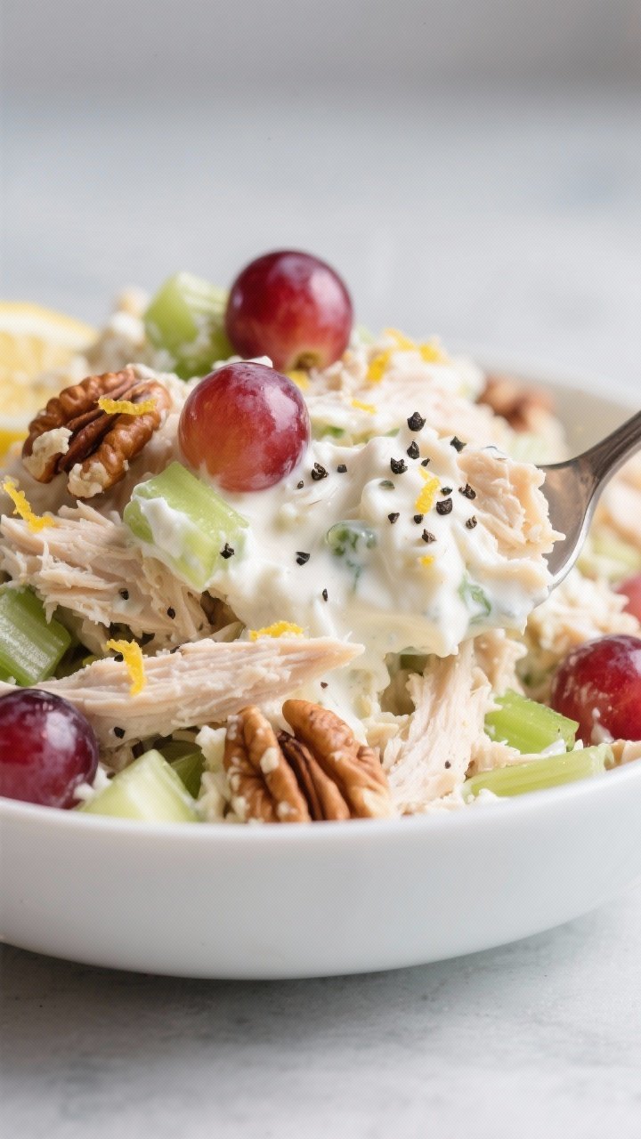 Close-up of Creamy Greek Yogurt Chicken Salad: a heaping scoop of shredded chicken bound with 2% Greek yogurt and a touch of mayonnaise, speckled with Dijon mustard, lemon zest, halved red grapes, chopped celery, and rustic walnut pieces; black pepper sprinkled on top; served in a simple white bowl with a spoon dragging through the creamy mixture; cool-toned background, crisp focus on glossy grapes and crunchy textures.