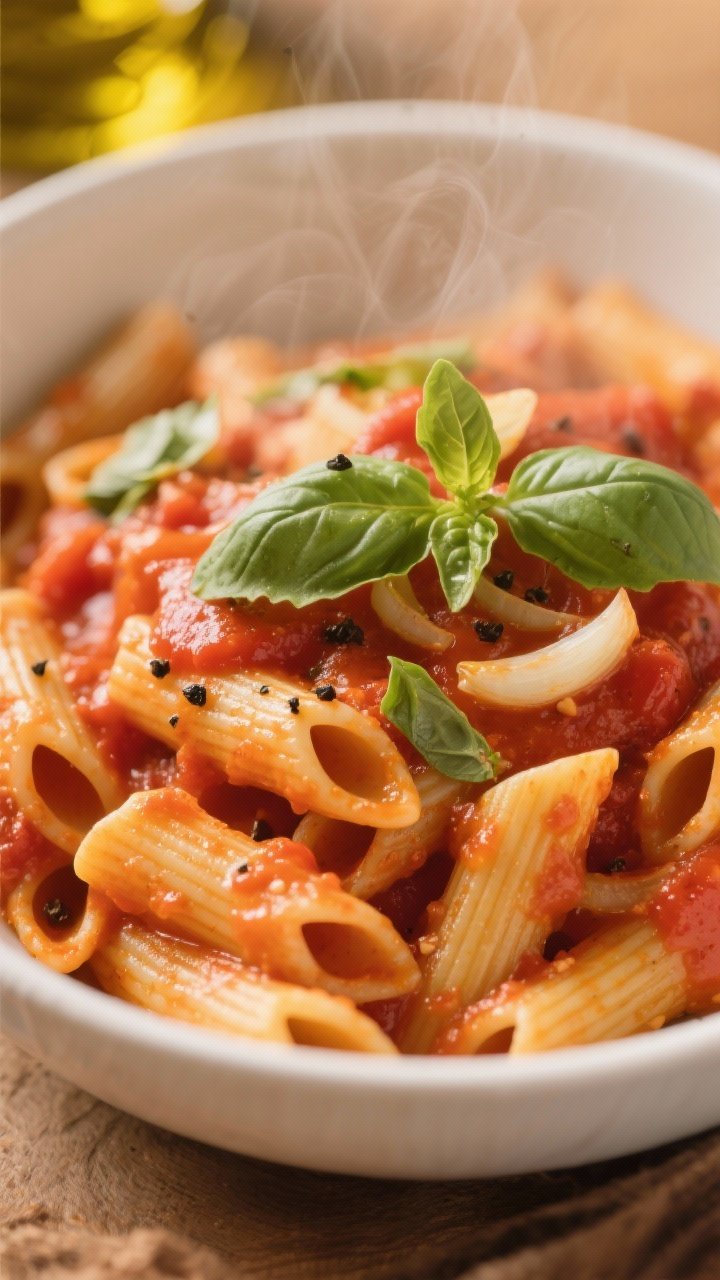 Close-up of creamy one-pot tomato basil pasta in a shallow white bowl: short pasta (penne/rigatoni) coated in silky crushed tomato sauce made with thinly sliced garlic and onion simmered with water/stock. Torn fresh basil leaves scattered on top, a drizzle of olive oil and a dusting of black pepper. Glossy sauce clings to ridges, steam soft-focus in the background, warm golden light for an elevated weeknight Italian feel.