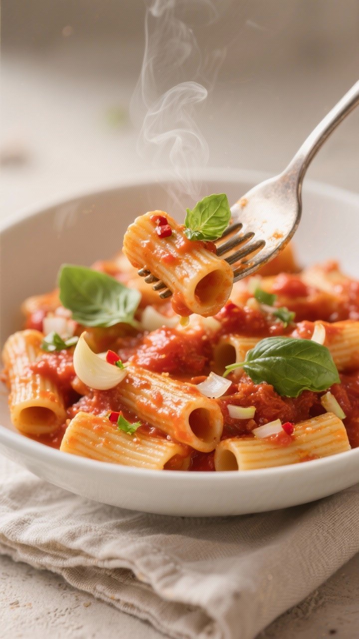Close-up of creamy one-pot tomato basil pasta twirled on a fork: rigatoni coated in silky crushed tomato sauce with olive oil, thinly sliced garlic and finely chopped onion visible, a hint of red pepper flakes; flecks of torn fresh basil scattered and a few leaves on top; glossy sauce clinging to ridges, subtle steam, set in a wide white bowl on a linen napkin, warm directional light for a cozy, Italian-inspired feel.