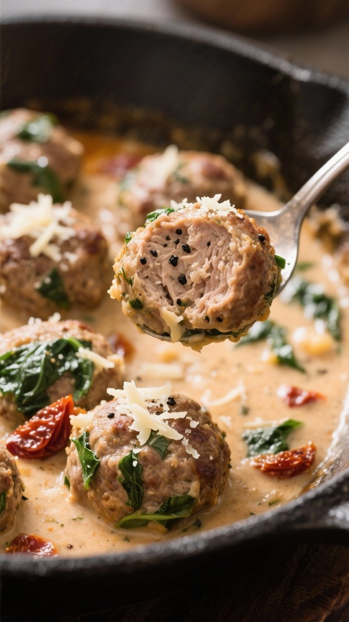 Close-up of creamy Tuscan turkey meatballs in skillet: plump turkey meatballs (made with whole wheat breadcrumbs, Parmesan, egg, garlic, Italian seasoning, kosher salt) simmered in a velvety sun-dried tomato and spinach cream sauce, Parmesan finely grated on top. Spoon lifting a meatball to reveal juicy interior, specks of black pepper and Italian herbs visible. Warm, cozy lighting, soft background blur, comfort-food intimacy, no people.