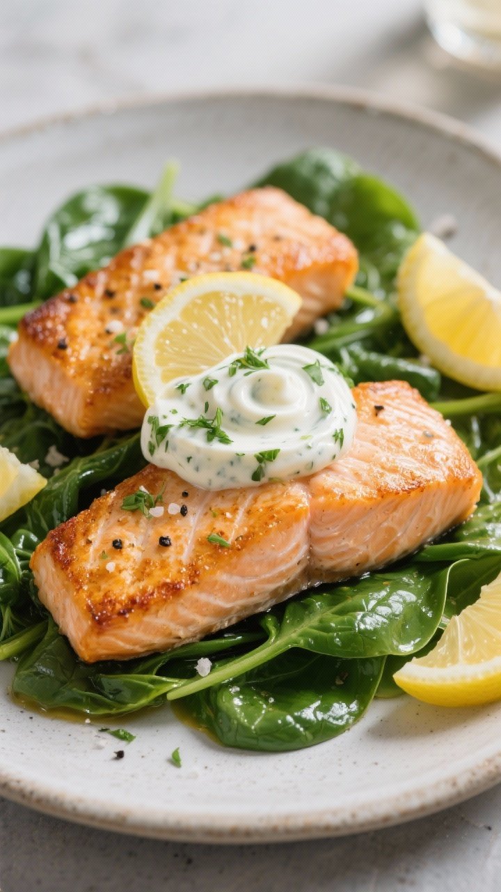 Close-up of five-ingredient salmon & greens with herby yogurt: seared salmon fillets with golden crust, simply seasoned with kosher salt and black pepper, resting on a bed of glossy baby spinach; a dollop of herby yogurt (yogurt blended with fresh herbs) swirled on top, lemon wedges tucked around; captured at 45 degrees to emphasize flaky salmon and creamy yogurt texture, bright natural light, Nordic-simple plating on matte stoneware.