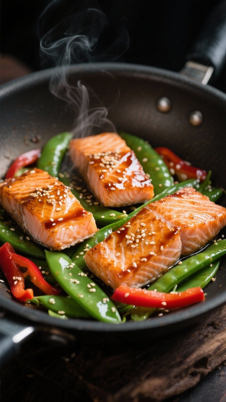 Close-up of ginger-soy salmon with snap peas in a shallow wok: four skin-on salmon fillets lacquered with a glossy low-sodium soy-tamari and ginger glaze, nestled among vibrant sugar snap peas and thin red bell pepper strips; neutral oil sheen, sesame seeds sprinkled, edges caramelized; steam visible, moody dark backdrop for “better-than-takeout” feel.