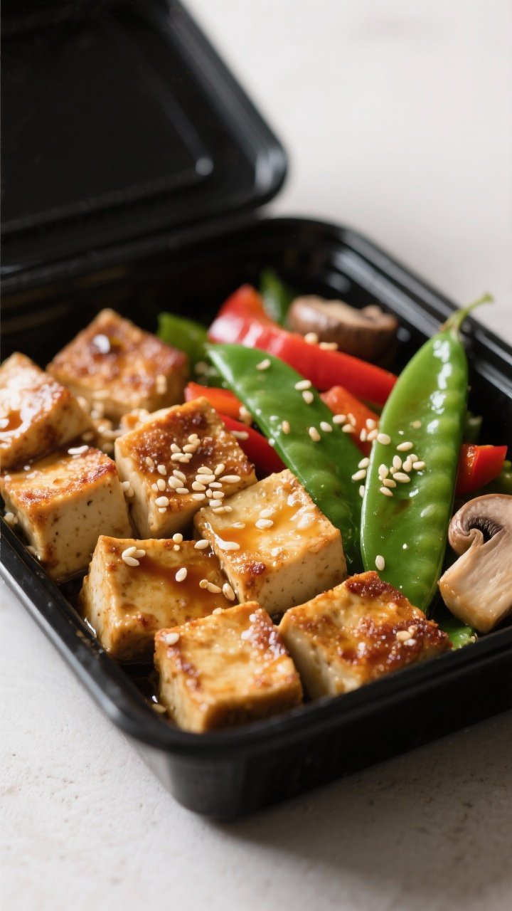 Close-up of Ginger-Soy Tofu Meal Prep: extra-firm tofu cubes lightly crisped with cornstarch in a mix of sesame oil and olive oil, glossy with ginger-soy glaze; bright green sugar snap peas, red bell pepper strips, and sautéed sliced mushrooms nestled alongside; scattered toasted sesame seeds; served in a matte black bento box for meal prep; soft directional light to show tofu crust texture and snap pea freshness.