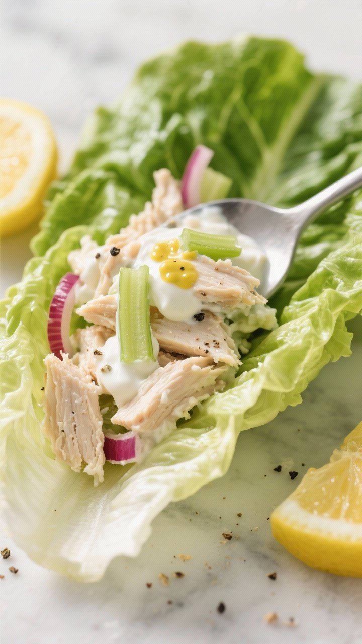 Close-up of Greek Yogurt Chicken Salad Lettuce Wraps: tender chopped chicken bound with creamy plain Greek yogurt, Dijon mustard, lemon juice, and a hint of garlic powder; flecks of black pepper and sea salt visible; the salad spooned into crisp butter lettuce leaves, garnished with thinly sliced celery or red onion if desired for crunch, and a squeeze of lemon; glossy, fresh texture emphasized, shallow depth of field, set on a light marble surface.