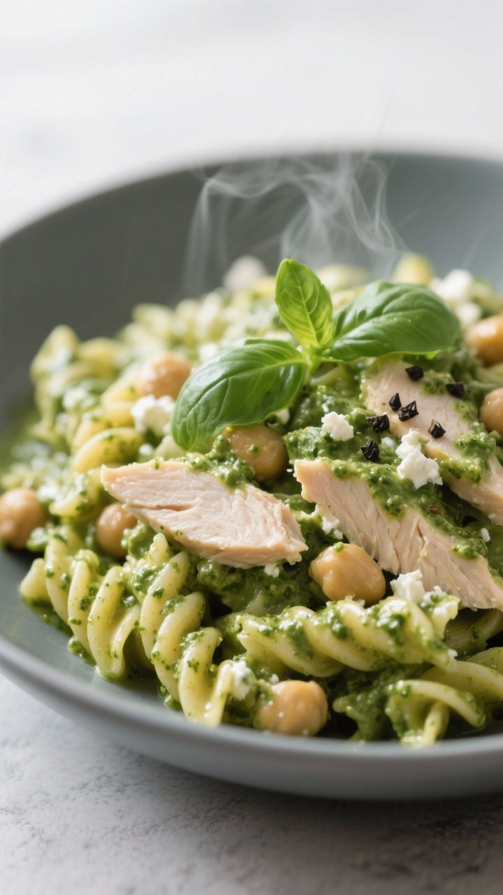 Close-up of high-protein cottage cheese pesto pasta with chicken: chickpea or lentil-based pasta coated in a silky pesto made from low-fat cottage cheese and fresh basil, with chopped cooked chicken breast folded in. Emphasize creamy green sauce clinging to ridged pasta, visible basil flecks and curds emulsified smooth, steam rising. Garnish with torn basil and a twist of black pepper, shallow depth of field on a matte bowl.