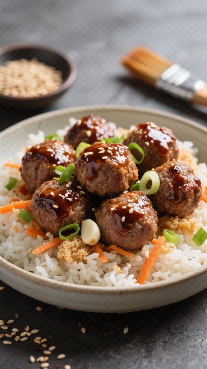 Close-up of Korean-inspired bulgogi meatballs piled over glossy garlic-sesame rice in a shallow bowl: meatballs made from lean ground beef, finely grated carrot, chopped scallions, garlic, fresh ginger, egg, and panko, lacquered with a soy-sesame glaze. Rice grains glisten with garlic oil and toasted sesame seeds; thin scallion curls and a sprinkle of gochugaru add pop. Background includes a small dish of sesame seeds and a brush with glaze, shallow depth of field for juicy texture.