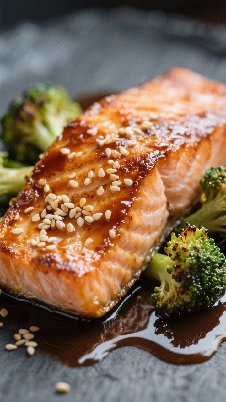 Close-up of miso-ginger salmon fillet: lacquered, caramelized glaze from white miso, low-sodium soy, maple syrup, rice vinegar, grated ginger, and garlic; crispy skin-on edge; served with sesame-sprinkled roasted broccoli florets lightly charred; glossy sauce pooling slightly; tight focus on texture and glaze with a blurred slate background.