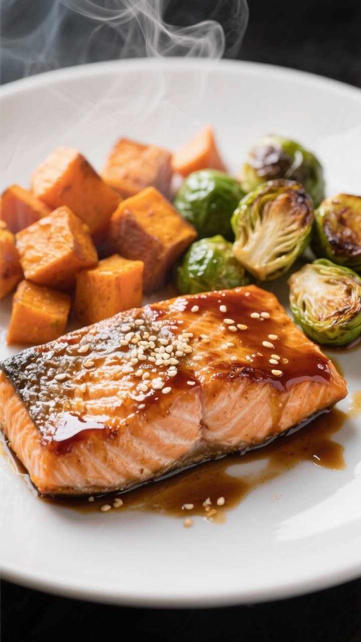Close-up of miso maple glazed salmon fillets, skin-on and caramelized, flaking gently; roasted Brussels sprouts with crispy edges and golden roasted sweet potato cubes alongside; glaze made from white miso, maple syrup, rice vinegar, soy sauce, and ginger visibly lacquered; steam rising, sesame seeds optional; shot straight-on to emphasize glossy texture and contrast of orange sweet potatoes and emerald sprouts.