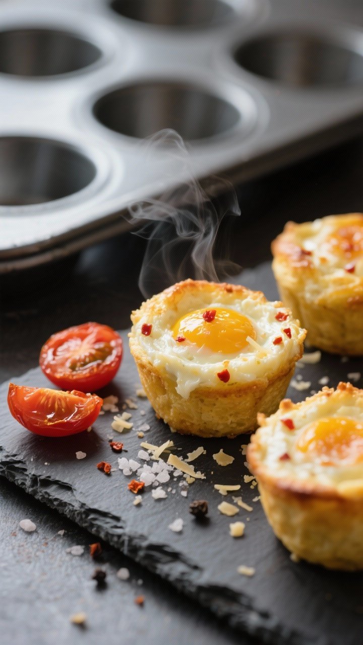 Close-up of Spicy Cottage Cheese Egg Bites with Roasted Tomatoes: golden, fluffy egg bites infused with low-fat cottage cheese, grated Parmesan, garlic powder, onion powder, and crushed red pepper flakes, baked in a muffin tin until puffed and slightly browned. Served on a slate board with blistered cherry tomatoes and a pinch of sea salt and black pepper. Steam gently rising, tight focus on custardy interior texture and Parmesan specks.