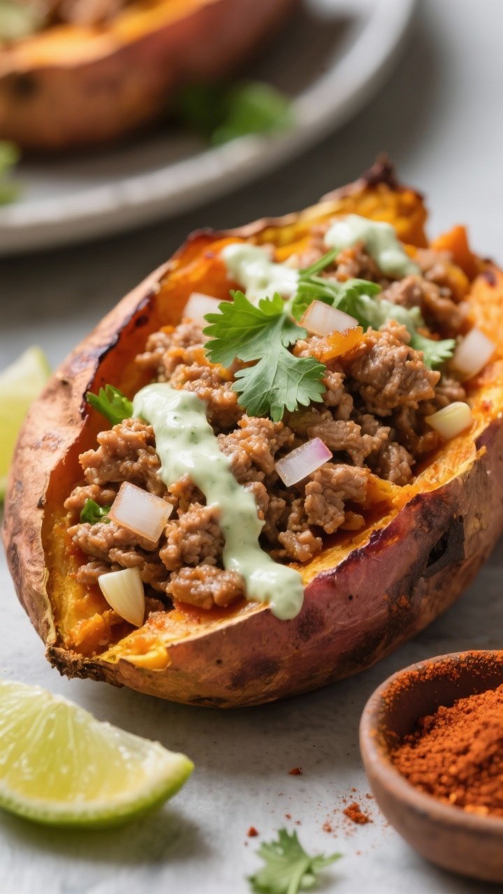 Close-up of turkey taco stuffed sweet potatoes split open and piled high: roasted medium sweet potatoes filled with seasoned lean ground turkey sautéed with diced onion, minced garlic, chili powder, ground cumin, and salt; topped with a tangy lime crema drizzle and fresh cilantro. Warm, inviting colors, visible caramelization on sweet potato edges, lime wedges and a small bowl of chili powder in frame, shallow depth of field for a hearty Tex-Mex feel.