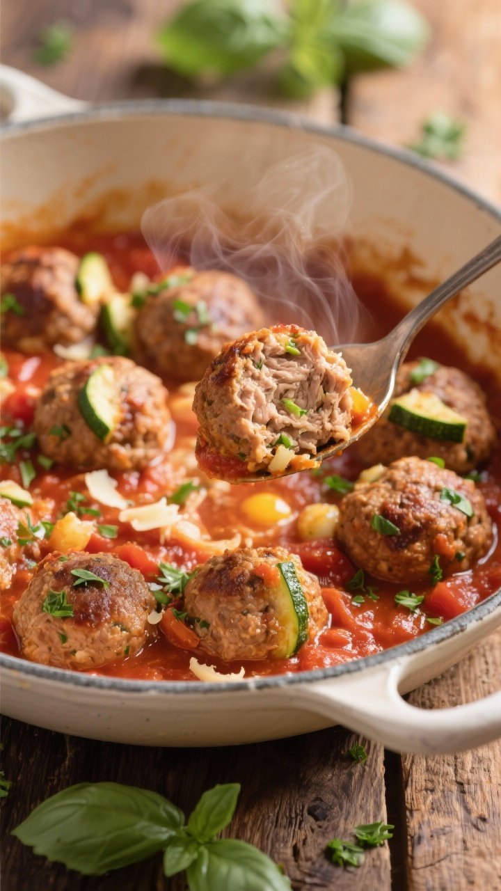 Close-up of Turkey Zucchini Meatballs simmering in a herbed tomato bath: browned turkey meatballs speckled with grated zucchini, onion, garlic, egg, and a hint of Parmesan, nestled in a chunky tomato sauce with visible herbs. Steam rising, spoon lifting one meatball to show juicy interior. Cozy, rustic feel in a shallow enamel pan on a wooden surface, scattered fresh basil/parsley.