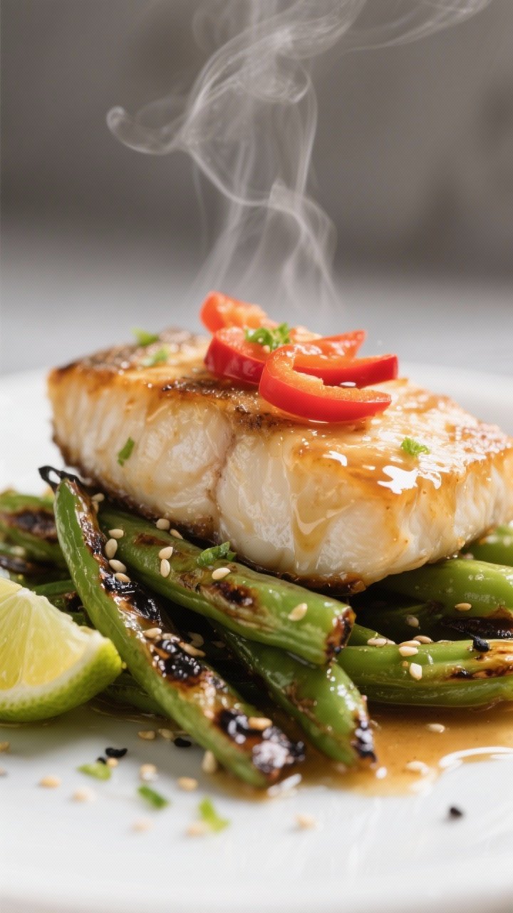 Close-up on Miso-Lime Cod With Caramelized Green Beans: flaky cod fillets brushed with a glossy miso-lime glaze (light miso, lime juice, a touch of honey), topped with thin red bell pepper slices; nestled with blistered green beans charred at the tips, seasoned with avocado oil, kosher salt, and black pepper; lime zest and sesame seeds scattered; steam rising, silky glaze catching the light; clean, minimal background emphasizing textures.