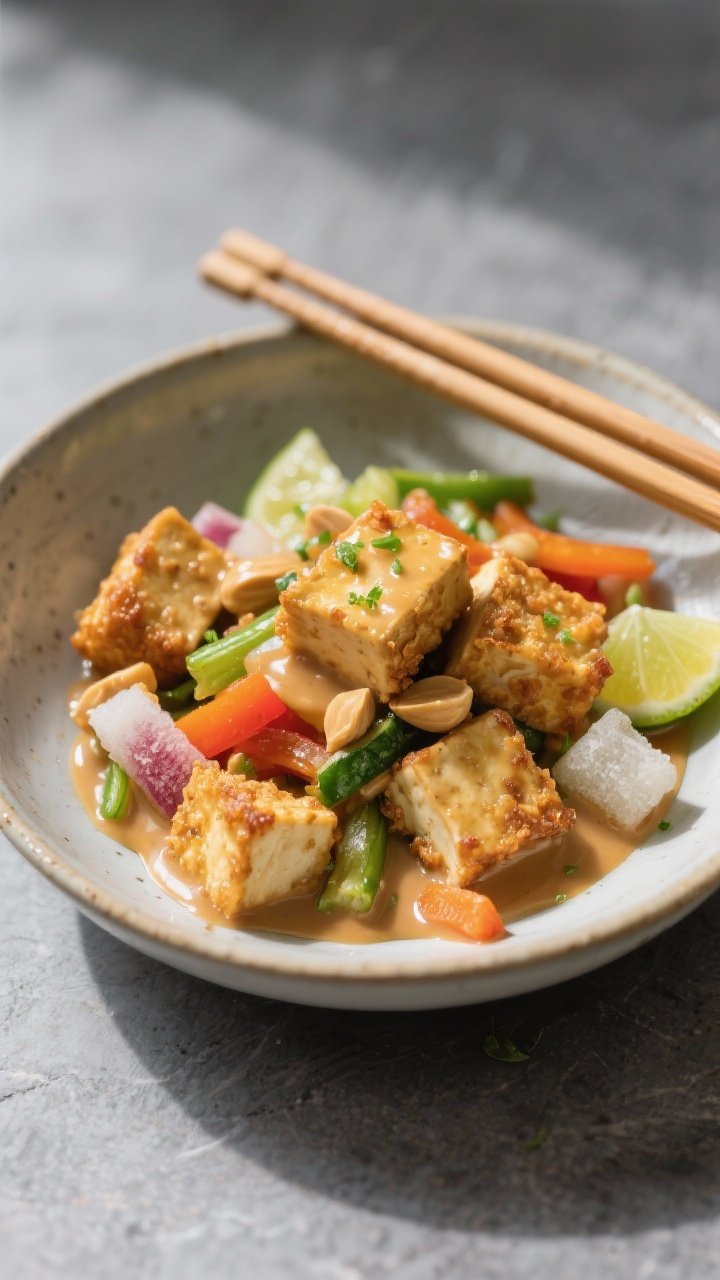 Close-up overhead bowl: crispy golden tofu cubes with craggy edges, tossed with colorful frozen stir-fry vegetables just cooked to tender-crisp; generous drizzle of glossy peanut-lime sauce pooling slightly at the base, flecks of lime zest on top; chopsticks resting on the rim, ceramic bowl on a matte slate surface, bright yet natural lighting for a fresh, plant-forward feel.