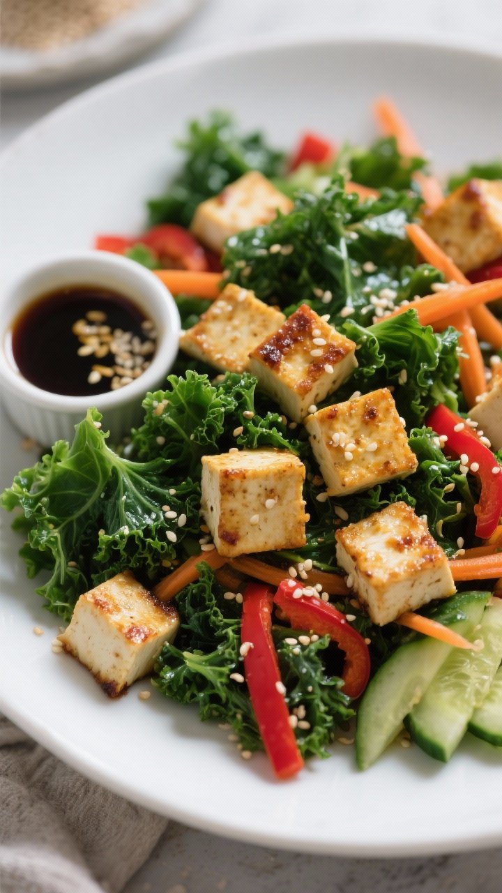 Close-up overhead of Sesame-Crunch Tofu and Kale Super Salad: extra-firm tofu cubes tossed in soy sauce and cornstarch, pan-crisped to golden edges with a hint of sesame oil; mounds of chopped curly kale massaged to a deep green sheen, shredded carrots, thin strips of red bell pepper, sliced cucumber, and sprinkled toasted sesame seeds; small ramekin of sesame-ginger dressing; crisp, clean, high-contrast styling emphasizing crunchy textures.