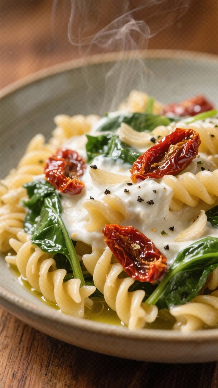 Close-up pasta twirl at 45 degrees: creamy Greek yogurt pasta (fusilli) coated in a silky yogurt sauce with flecks of garlic, ribbons of wilted baby spinach, and jewel-like slices of oil-packed sun-dried tomatoes; glossy sheen without greasiness, steam curling up; finished with a sprinkle of black pepper and a drizzle of olive oil, set in a shallow ceramic bowl on warm wood.