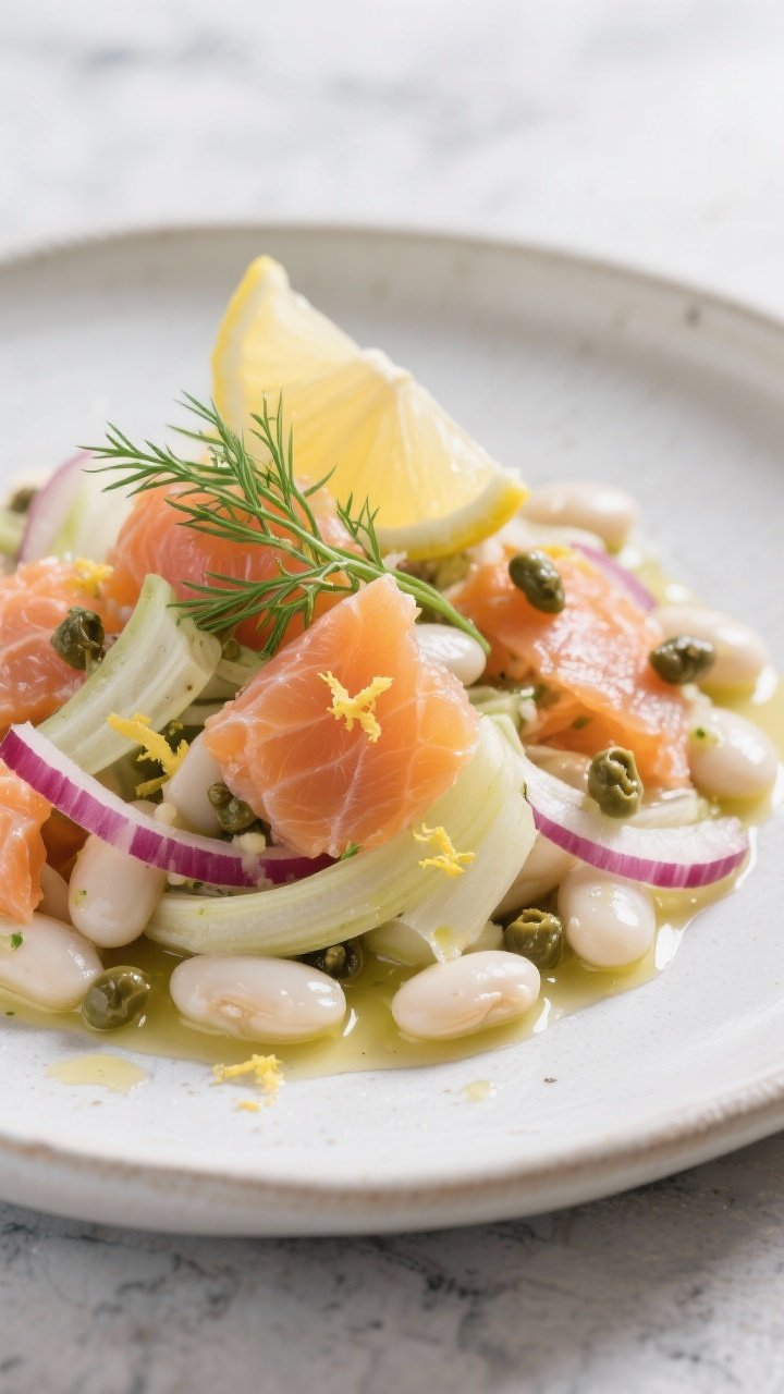 Close-up plated Lemony Smoked Salmon and White Bean No-Mayo “Salad”: a shallow plate with flaked smoked salmon mingled with cannellini beans, thinly sliced fennel (or celery), thinly sliced red onion, and briny capers, all glistening with a lemony olive oil dressing. Garnish with dill fronds and lemon zest. Cool Nordic vibe, pale stone backdrop, focus on silky salmon vs. creamy beans and crunchy fennel, bright citrus highlights.