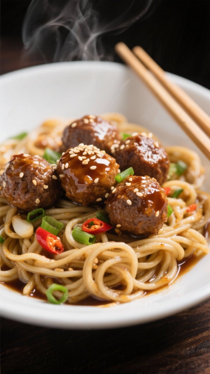 Close-up plated maple-soy meatballs with ginger-garlic noodles: glossy, caramelized meatballs glazed with maple-soy, sprinkled with sesame seeds; tangle of noodles coated in a light soy-ginger-garlic sauce, flecks of green onion and red chili; captured with a shallow depth of field, chopsticks resting on the bowl rim, subtle steam rising for an appetizing finish.