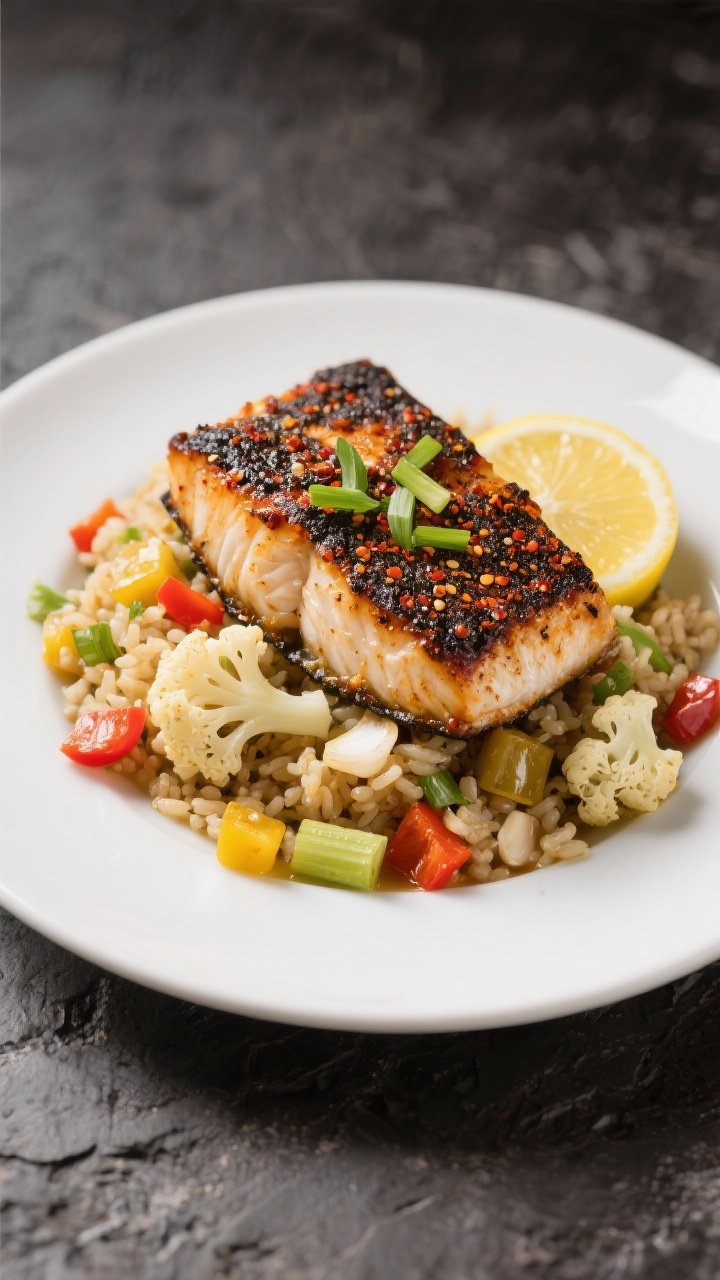 Close-up plated spicy Cajun cod with cauliflower “dirty rice”: blackened cod fillet dusted with low-sodium Cajun seasoning, flaky and glistening; alongside cauliflower rice studded with diced yellow onion, celery, and red bell pepper, sautéed in a touch of olive oil with minced garlic; garnished with scallions and lemon wedge; clean white plate on a textured dark surface.