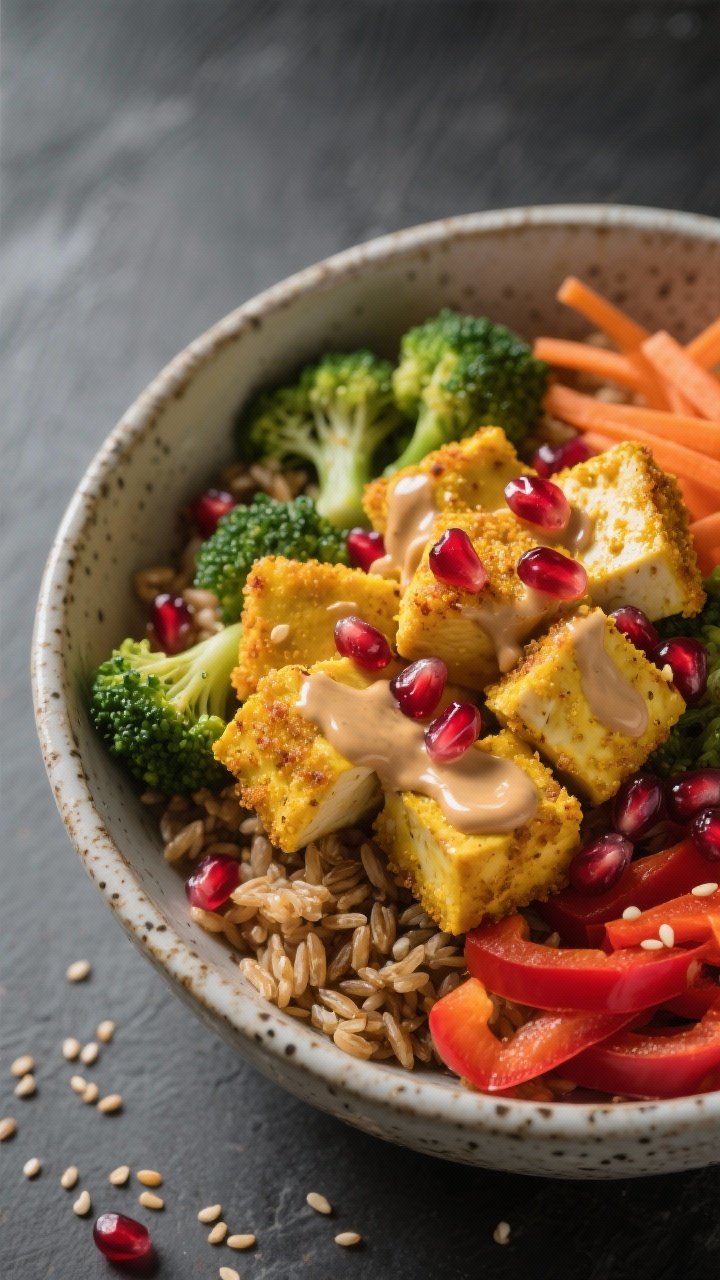 Close-up portrait of golden turmeric-crusted tofu cubes in a power bowl: base of warm farro/brown rice, roasted broccoli florets, carrot ribbons, and red bell pepper slices, topped with ruby pomegranate arils and a generous maple-tahini drizzle. Dramatic side light to highlight turmeric sheen and creamy sauce trails, speckled ceramic bowl on a slate background, sesame seeds sprinkled.