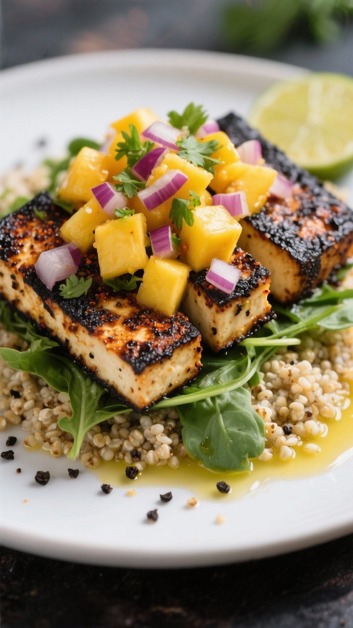 Close-up power plate of blackened tofu with mango salsa: deeply seared extra-firm tofu planks coated in blackening spices (smoked paprika, garlic powder, onion powder) with crisp edges; bright mango salsa piled on top with diced mango, red onion, cilantro, and lime; served over quinoa and baby greens; olive oil drizzle and black pepper specks; vivid colors with shallow depth of field.