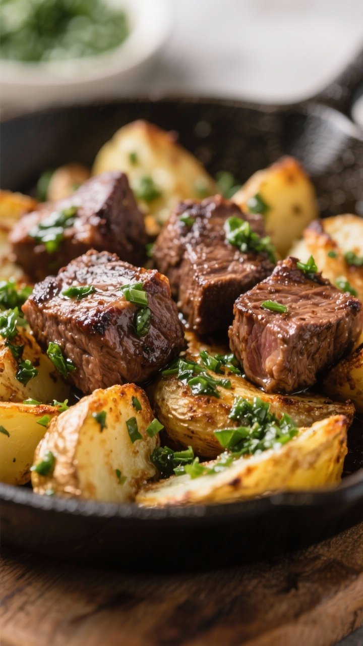 Close-up, shallow depth of field of one-pan steak tips with crispy potatoes and chimichurri:
