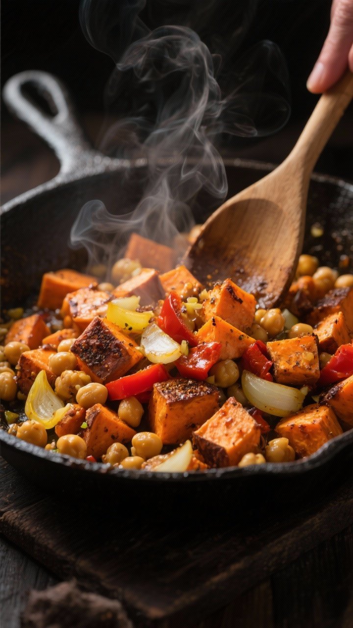 Close-up skillet action: diced sweet potatoes with crispy edges, sautéed yellow onion, minced garlic, red bell pepper, and chickpeas tossed in a smoky seasoning, steam rising from a well-used cast-iron pan; warm, moody lighting highlighting orange sweet potatoes and golden chickpeas; a wooden spoon mid-stir, no hands visible.