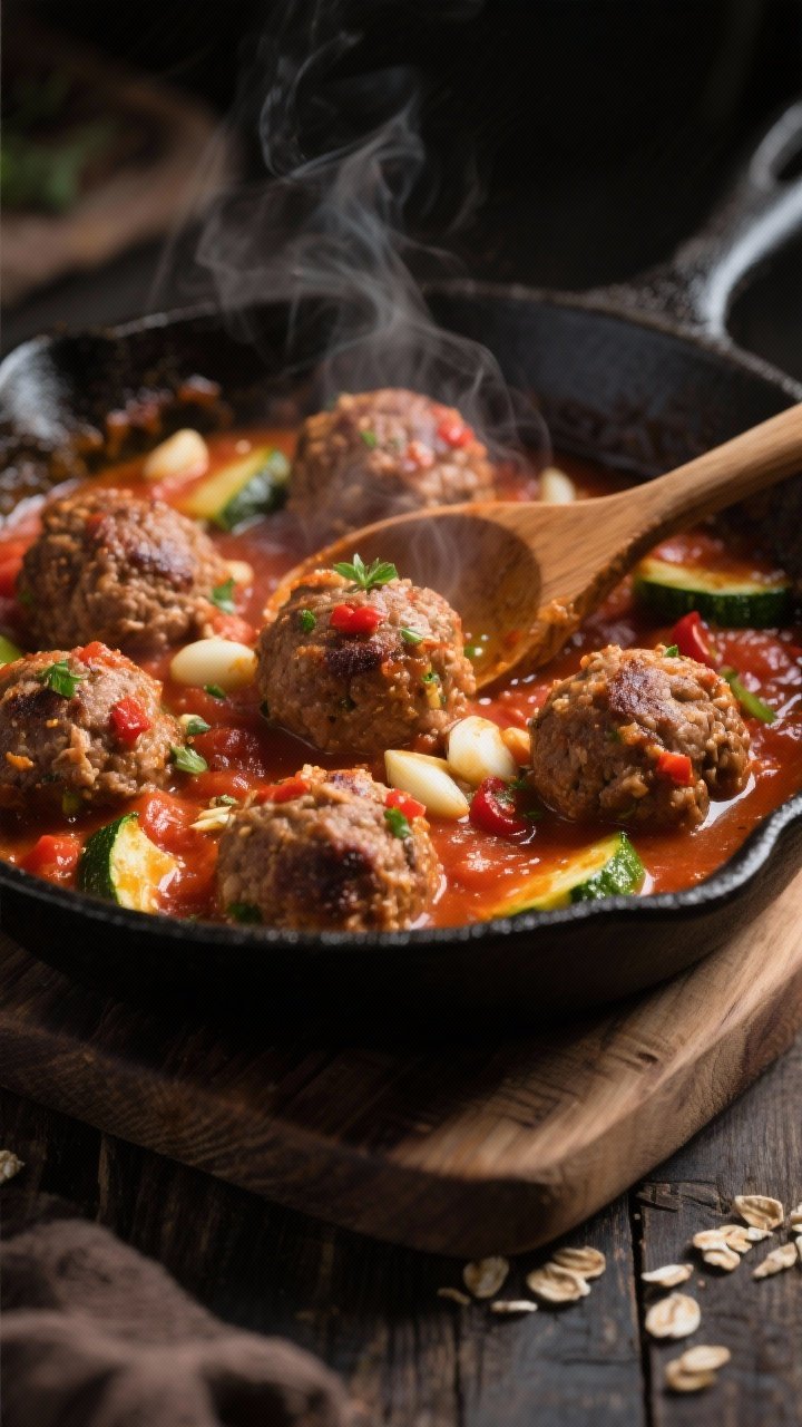 Close-up skillet action shot of Spicy Turkey Zucchini Meatballs With Garlicky Tomato: browned turkey meatballs (lean ground turkey, finely grated squeezed-dry zucchini, rolled oats, egg, minced garlic, onion seasoning) simmering in a garlicky tomato sauce. Visible steam, glossy tomato sheen, flecks of red pepper and herbs, with a wooden spoon partially submerged. Dark cast-iron skillet on a rustic wooden board, moody directional light emphasizing texture.