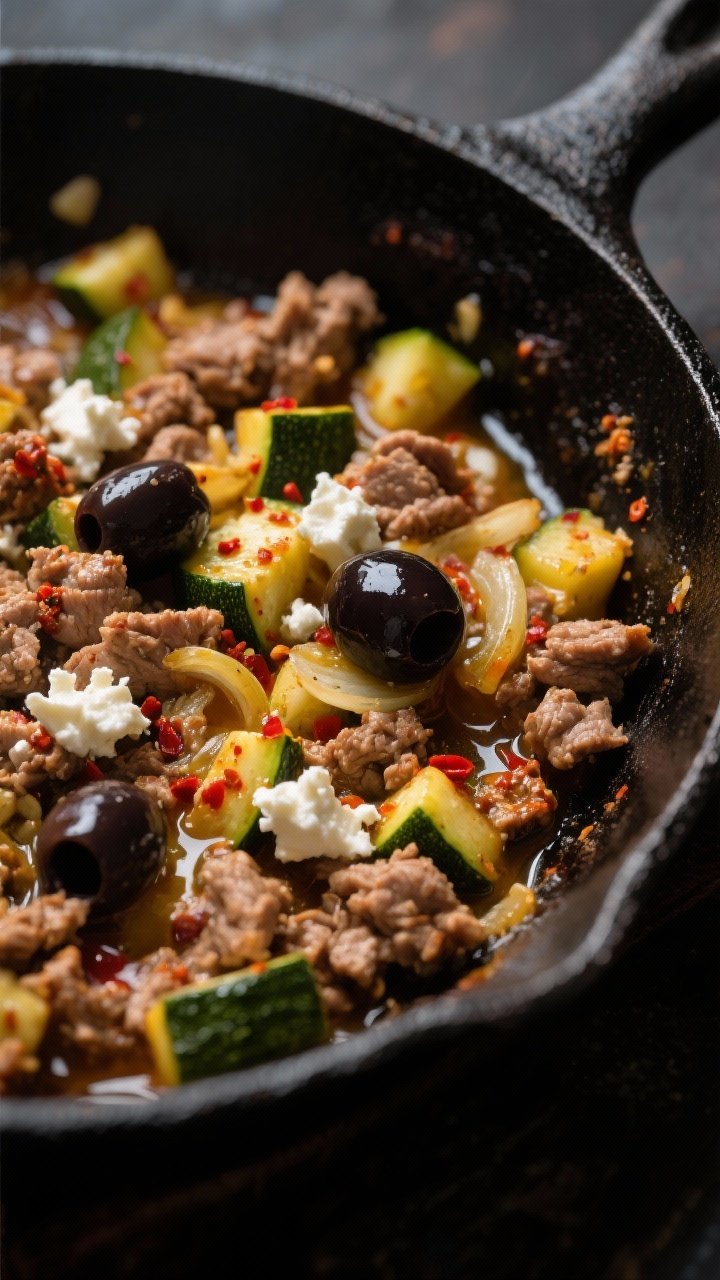 Close-up skillet action: spicy turkey zucchini skillet in a black cast-iron pan. Crumbled lean ground turkey browned with diced zucchini and small yellow onion, flecks of minced garlic. Warm spices—ground cumin, smoked paprika, and a hint of crushed red pepper—bloomed in olive oil, visible reddish-golden sheen. Crumbles of feta melting into pockets, a few glossy Kalamata olive slices tucked in. Shot from 45 degrees, moody side light, sizzling appeal, Mediterranean-spiced comfort.