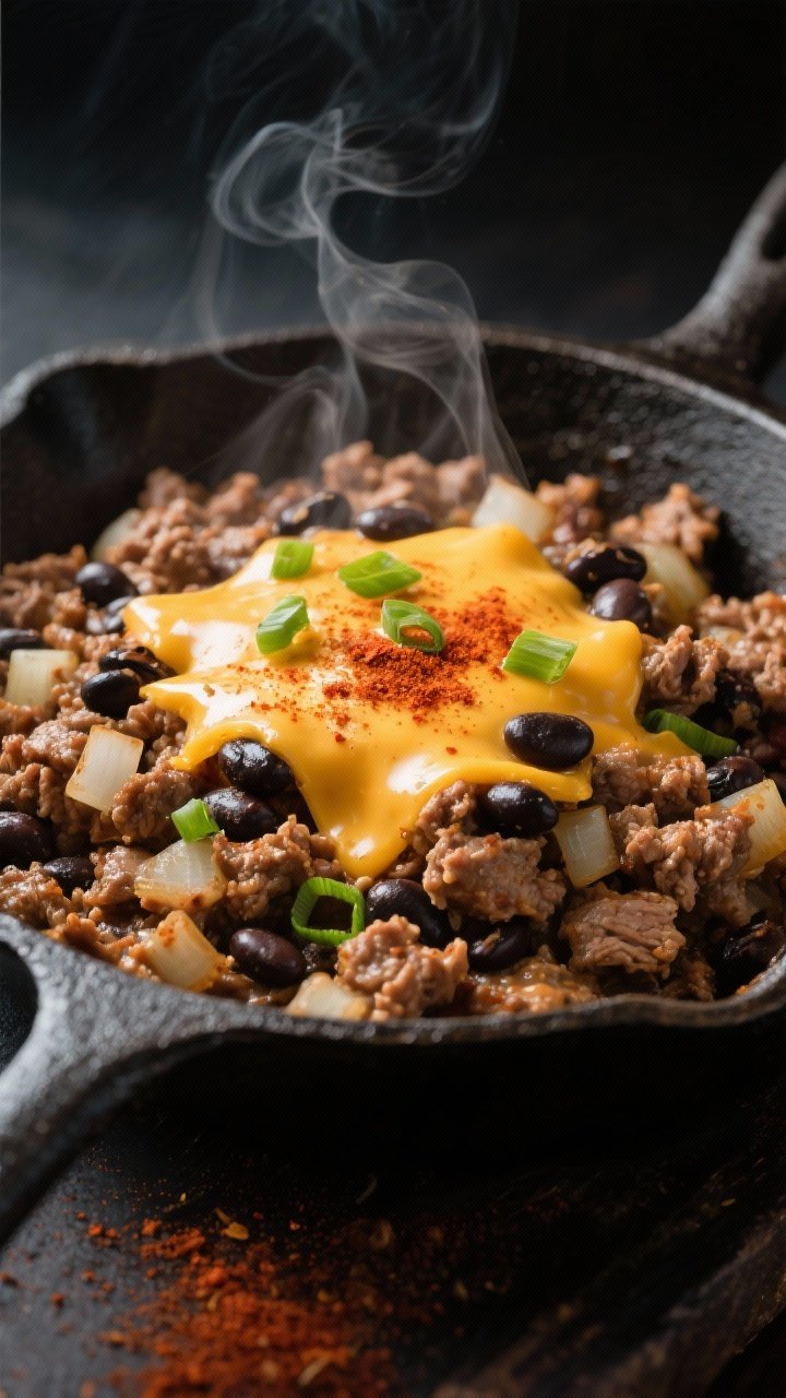 Close-up skillet capture: smoky ground turkey sautéed with diced onions, black beans folded in, and a melt of sharp cheddar forming glossy strands; paprika, cumin, and chili powder dusting the surface; steam rising, slight fond on the cast-iron skillet, garnished with a few scallion slices for contrast; moody side light emphasizing texture.