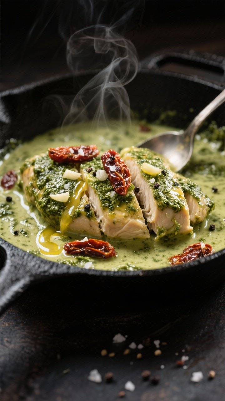 Close-up skillet shot: Creamy pesto chicken in a black sauté pan—juicy chicken breasts in a glossy basil pesto cream sauce with melted butter gloss, ribbons of oil-sheened sun-dried tomatoes, minced garlic visible; cracked black pepper and kosher salt crystals on top; steam rising, spoon partially dipped to show velvety sauce texture; moody side light to emphasize richness.