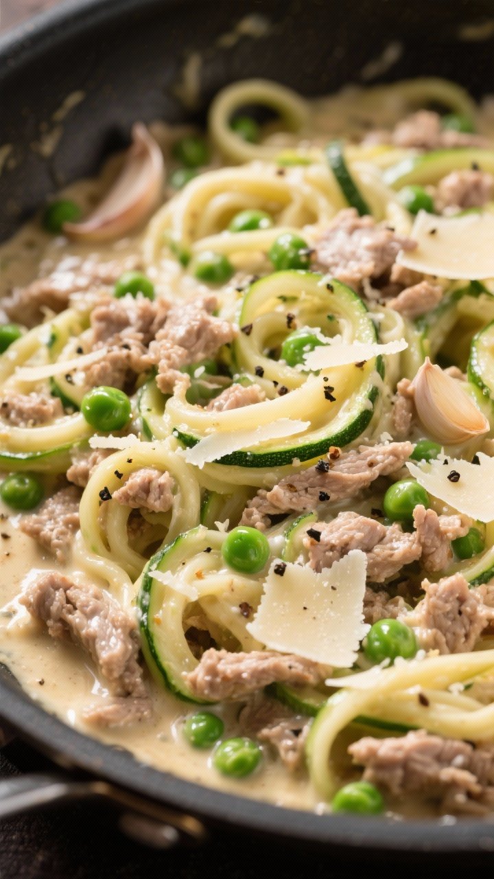 Close-up skillet shot of Turkey Zoodle Alfredo With Peas And Parmesan: spiralized zucchini zoodles twirled with creamy Alfredo-coated lean ground turkey, sweet green peas peeking through, specks of Italian seasoning, cracked black pepper, and shaved Parmesan ribbons melting; glossy sauce clinging to zoodles, garlic visible in the cream; shot in-pan at a 45-degree angle with a warm, inviting glow.