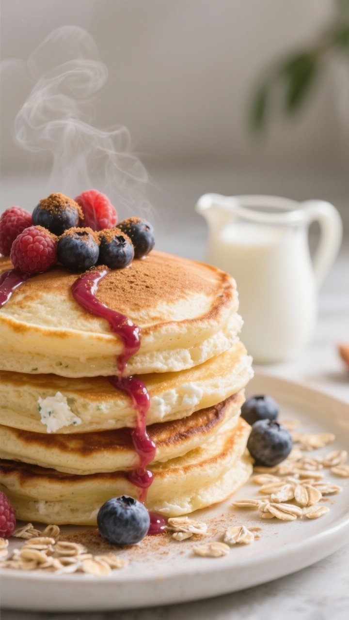 Close-up stack of high-protein cottage cheese pancakes with berry swirl: fluffy, golden pancakes made from cottage cheese, rolled oats, egg whites, vanilla, baking powder, cinnamon, and a pinch of salt; vivid berry swirl ribboned through the top pancake; topped with fresh mixed berries and a light dusting of cinnamon; a small pitcher of unsweetened almond milk to the side; soft morning light, shallow depth of field highlighting pillowy texture and steam.