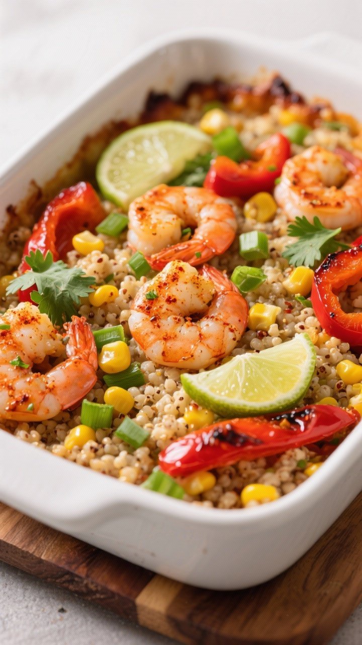 Close-up, straight-on bake of chili-lime shrimp quinoa casserole: fluffy quinoa cooked in low-sodium broth studded with roasted red and yellow bell peppers, frozen corn kernels, sliced green onions, and topped with plump shrimp coated in chili powder, lime zest, and a squeeze of lime juice. Garnished with chopped cilantro and extra lime wedges; slight char on peppers adds texture. Bubbly edges in a white baking dish on a wooden board; vibrant, punchy lighting to emphasize color.