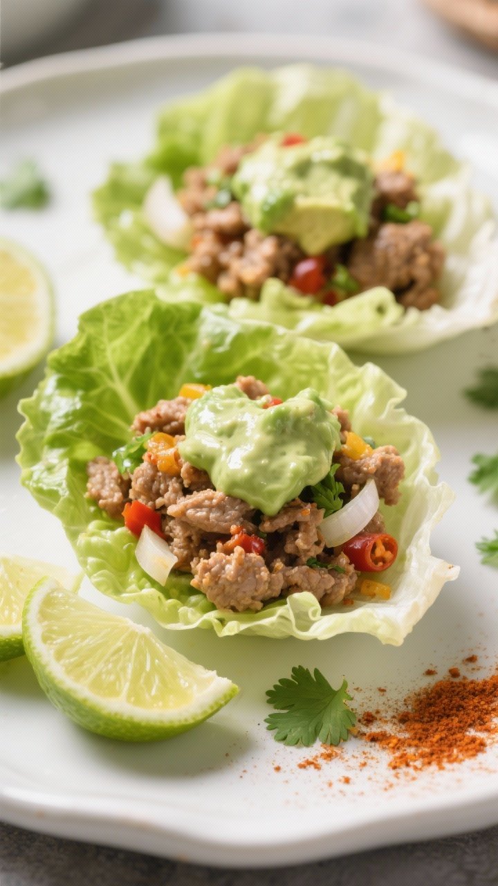 Close-up, straight-on plated Turkey Taco Lettuce Cups: crisp butter lettuce leaves filled with juicy ground turkey spiced with chili powder, cumin, smoked paprika, sautéed onions and garlic. Topped with a creamy avocado-lime sauce, lime wedges on the side, a dusting of smoked paprika, and a few chopped cilantro leaves. Shallow depth of field to emphasize the crumble texture and glossy sauce, bright, casual weeknight vibe.