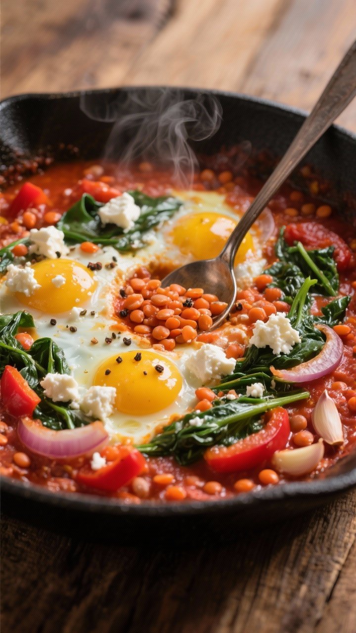 Close-up, straight-on shot of Creamy Lentil and Spinach Shakshuka With Feta: a wide skillet filled with stewy red lentils, sautéed onion and red bell pepper, garlic, cumin, and smoked paprika; wilted spinach swirls through the creamy tomato base; crumbled feta melting on top with a drizzle of olive oil and cracked pepper; steam rising, spoon creating a small well to reveal lentils; rustic wooden table with warm tones.