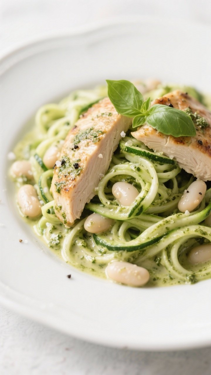 Close-up twirl and plate of creamy pesto chicken and white bean zoodles: juicy seared chicken breast slices tossed with zucchini noodles, silky pesto sauce, and creamy cannellini beans; flecks of black pepper and sea salt, a sheen of olive oil, and basil leaf garnish. Bright, fresh green tones, spiralized zoodles piled high on a white plate, minimalist background emphasizing texture and creaminess.