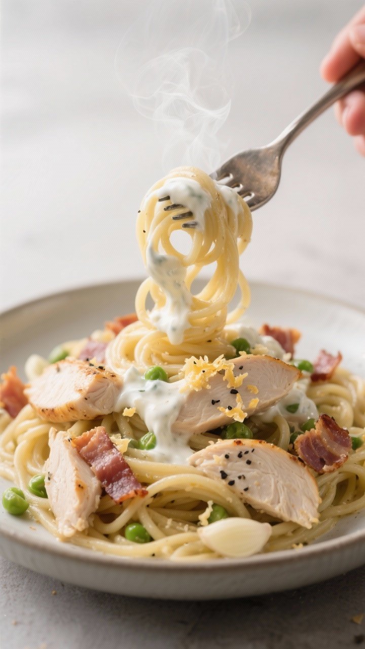 Close-up twirl: Greek yogurt chicken “carbonara” on pea protein spaghetti. Silky, creamy sauce from plain 2% Greek yogurt clinging to strands, thin-sliced chicken breast pieces seared lightly, and crisped turkey bacon bits speckled throughout. Minced garlic aroma implied with visible golden flakes. A light shower of black pepper and grated cheese. Twirled on a fork held above a shallow bowl (fork resting on bowl rim, no hand), steam rising. Soft, diffused lighting for luscious appeal.