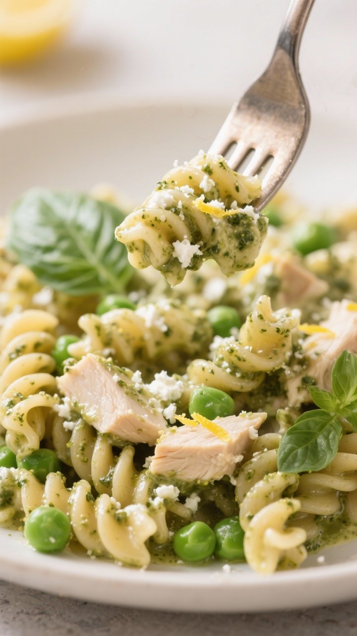 Close-up twirl of creamy cottage cheese pesto pasta: whole-wheat rotini coated in a silky cottage cheese–basil pesto sauce, with sweet green peas and tender cubes of cooked chicken breast throughout; lemon zest and a squeeze of lemon juice brightening the dish; a fork lifting a glossy twirl, grated Parmesan dusting, fresh basil leaves, soft natural light emphasizing the creamy texture.