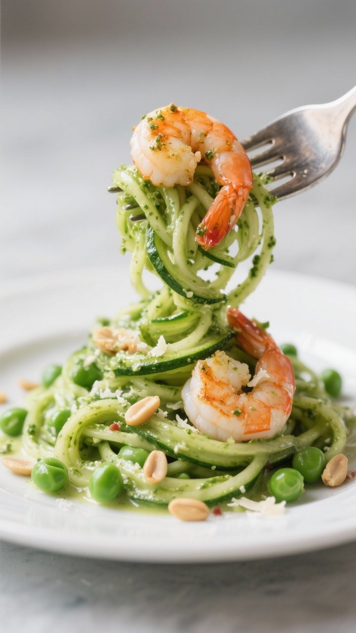 Close-up twirl of creamy pesto shrimp zoodles with peas: large shrimp seared with olive oil, garlic, onion powder, salt and pepper, nestled into bright green zucchini noodles coated in silky pesto cream; sweet green peas dotted throughout, a fork lifting a glossy nest of zoodles with a shrimp perched on top, pine nut and parmesan flecks, fresh and springy vibe on a matte white plate.