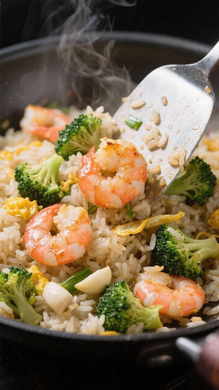 Close-up wok shot of garlicky shrimp and broccoli fried rice: plump pink shrimp seared with golden edges, vibrant small broccoli florets, day-old rice grains distinct and glossy, egg ribbons threaded throughout, visible bits of minced garlic; captured mid-toss with a metal spatula, light steam and a sheen from neutral oil.