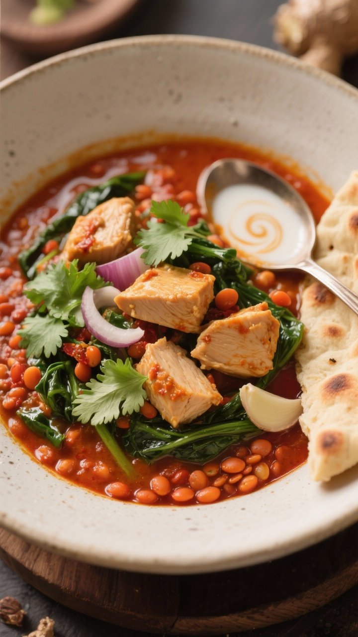 Cozy straight-on shot of a deep bowl of coconut curry lentil stew: tender chicken cubes, red curry paste–tinted coconut broth, red lentils giving body, wilted spinach ribbons; aromatics of onion, garlic, and ginger visible; served with a spoon and warm naan on the side; garnished with cilantro and a swirl of coconut milk; warm, inviting light to emphasize creamy texture and hearty protein.