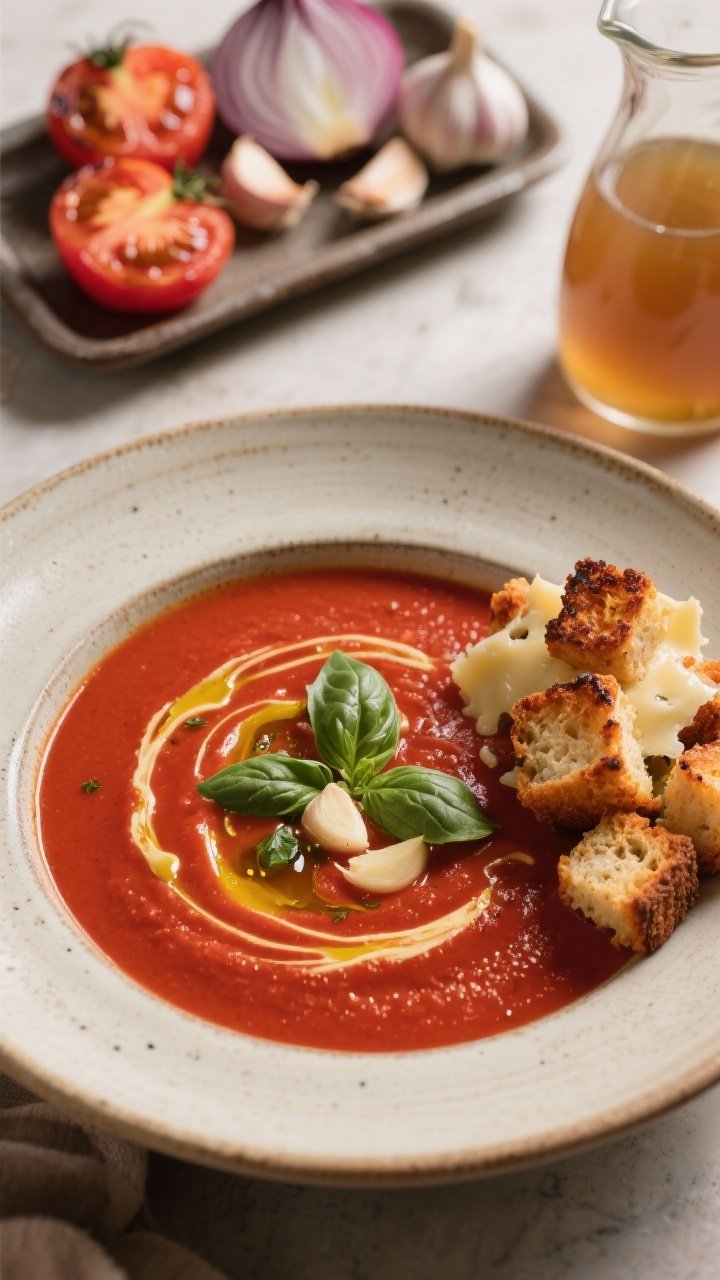 Cozy straight-on shot of roasted tomato basil soup: deep red, velvety soup in a wide ceramic bowl, swirls of olive oil and torn basil leaves on top; cheesy garlic croutons piled on one side, showing bubbled, browned cheese; background includes a small tray with halved roasted roma tomatoes, onion quarters, and garlic cloves, plus a carafe of vegetable broth.