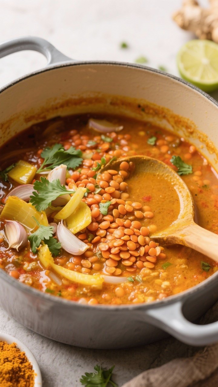 Cozy top-down curry pot: red lentil coconut curry simmering in a Dutch oven with coconut oil-sautéed yellow onion, minced garlic, grated ginger, curry powder, turmeric, and cumin; creamy orange-gold broth with visible tender lentils; ladle resting on the rim, scattered cilantro and lime on the side; warm, inviting lighting.