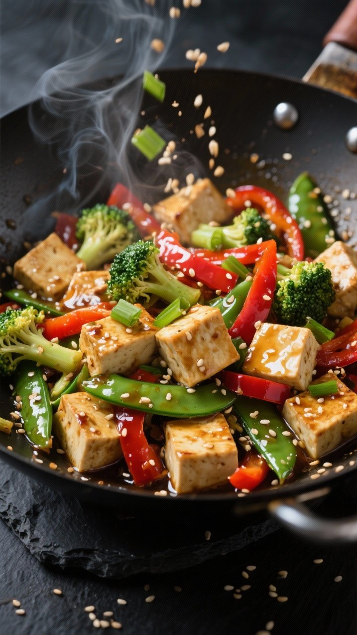 Dynamic close-up stir-fry action shot: extra-firm tofu cubes (pressed) sizzling in avocado oil in a wok with glossy sesame-ginger sauce, tossed with crunchy mixed vegetables—broccoli florets, red bell pepper strips, and snap peas—plus sliced green onions; steam rising, sesame seeds scattered, lacquered sheen on tofu; dark slate backdrop to emphasize color and texture