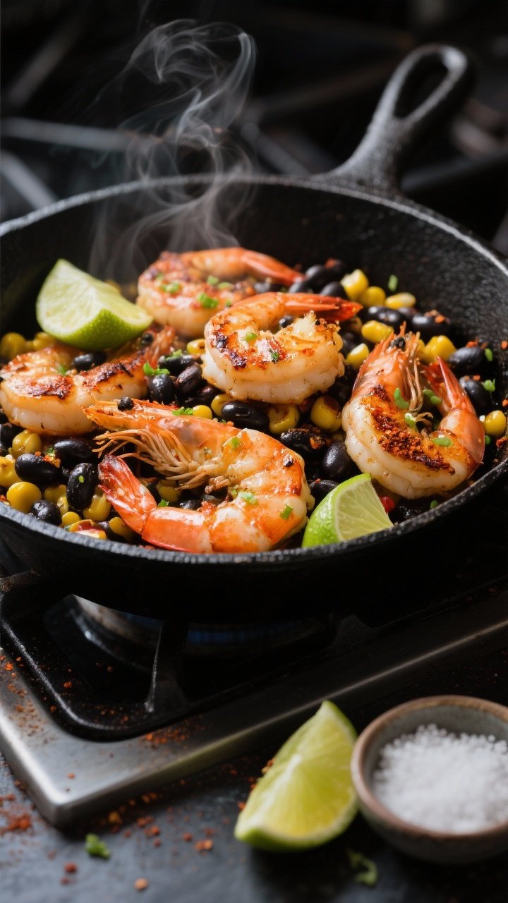 Dynamic skillet action shot at 45 degrees: chili-lime shrimp just seared, slightly charred edges, tossed with black beans and sweet corn; visible lime zest flecks and a gloss from chili powder seasoning; lime halves and a small dish of salt nearby; cast-iron skillet on a dark stovetop, vibrant colors popping against the black pan, gentle rising steam.