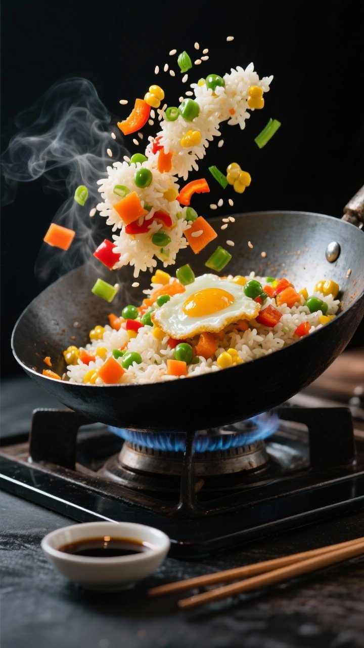 Dynamic wok action shot at 45 degrees: rainbow veggie fried rice tossed mid-air with visible grains of day-old jasmine rice, diced carrots, peas, corn, and bell peppers; glossy sheen from toasted sesame oil and neutral oil; soft curds of scrambled eggs folded through; wisp of steam rising, sesame seeds and sliced scallions sprinkled over; dark carbon-steel wok on a stovetop, chopsticks and a small dish of soy sauce at the edge, vibrant colors popping against a dark background.