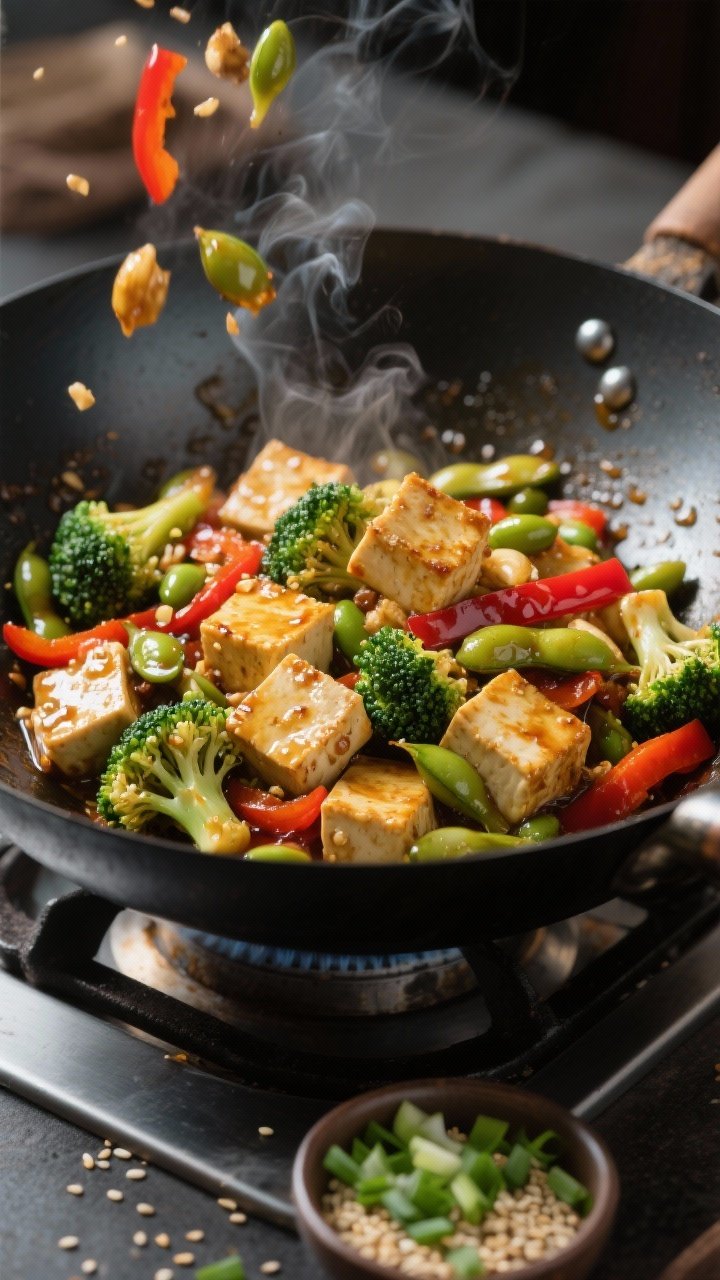 Dynamic wok action shot at a 45-degree angle: extra-firm tofu cubes dusted in cornstarch and pan-crisped to a golden crust, tossed with bright broccoli florets, red bell pepper strips, and shelled edamame. A glossy ginger-garlic sauce clings to the stir-fry, micro-bubbles and steam visible. Presented in a dark carbon-steel wok on a stovetop with a small bowl of chopped scallions and sesame seeds nearby; punchy color contrast, fast-casual Asian weeknight energy.