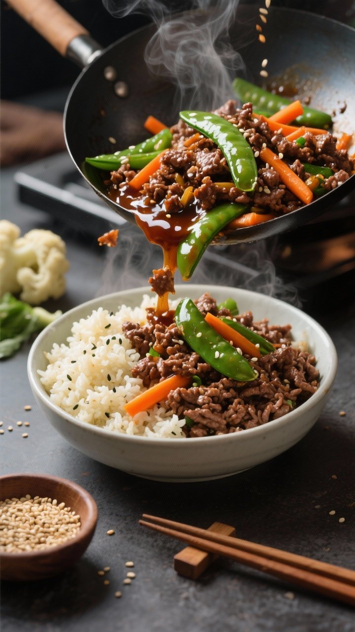 Dynamic wok-side 45-degree cooking shot of beef and veggie teriyaki bowls: lean ground beef browned and glazed in a glossy teriyaki sauce with snap peas and carrot matchsticks; served over a half-and-half mix of cauliflower rice and brown rice to mimic “fried rice.” Visible cauliflower rice grains, steam, and lacquered sauce reflections; sesame seeds in a pinch bowl, wooden chopsticks nearby, bold, umami-rich atmosphere.
