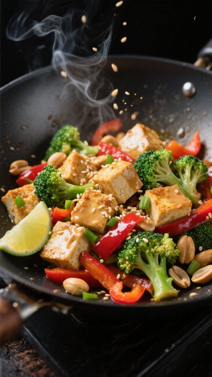 Dynamic wok-side 45-degree shot of crispy tofu and peanut veggie stir-fry: extra-firm tofu cubes coated in light cornstarch, golden and crisp; broccoli florets bright green and tender-crisp; red bell pepper strips glossy; a peanut sauce clings with a satiny finish. Sesame seeds and sliced scallions sprinkled over, lime wedge nearby. Neutral oil sheen visible, high-heat stir-fry energy with a few motion-caught droplets and steam, modern dark background for color pop.